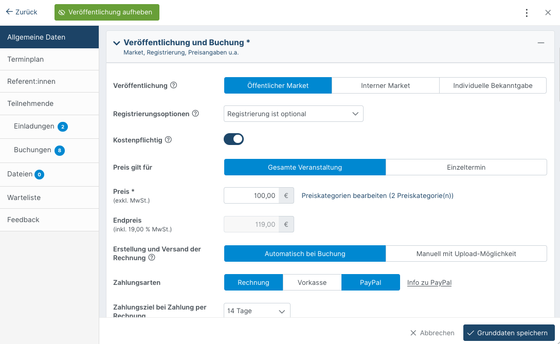 Paramètres de publication et de réservation pour le cours/webinaire